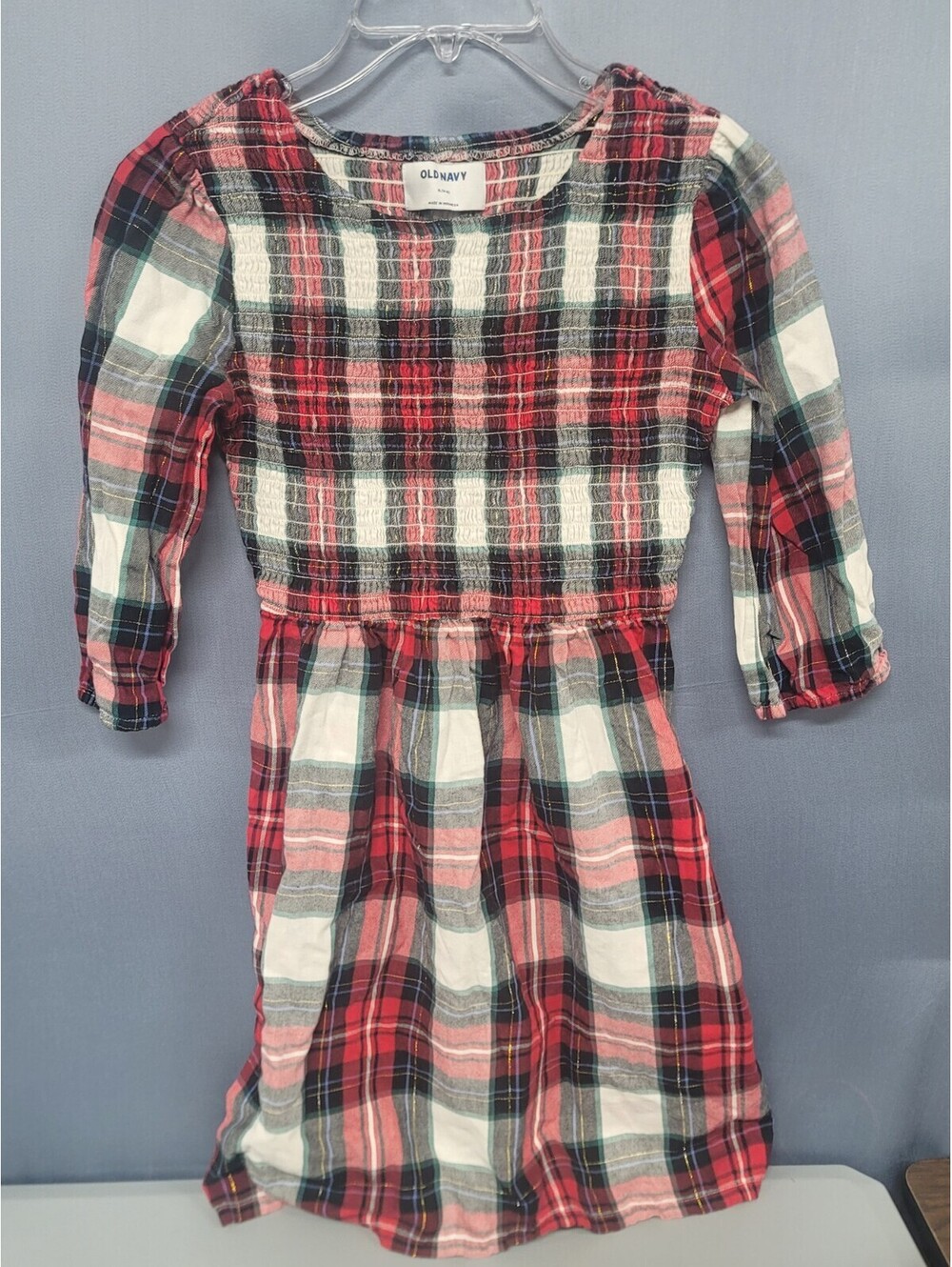 Old Navy Girl’s Red White Black Green Plaid Smocked Long Sleeve Dress 14/16